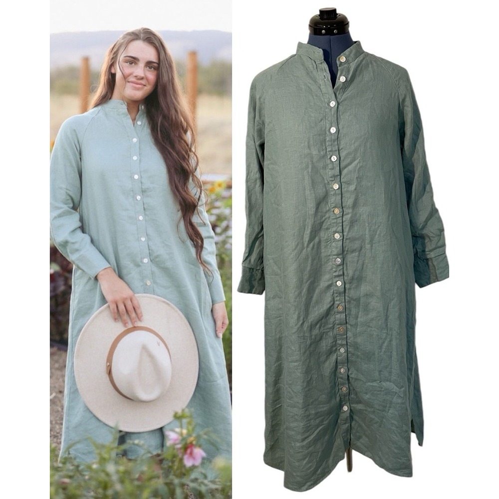 Dainty Jewells Holland Adventure Dress Sage Linen Button Up Ruched Sleeve Midi M